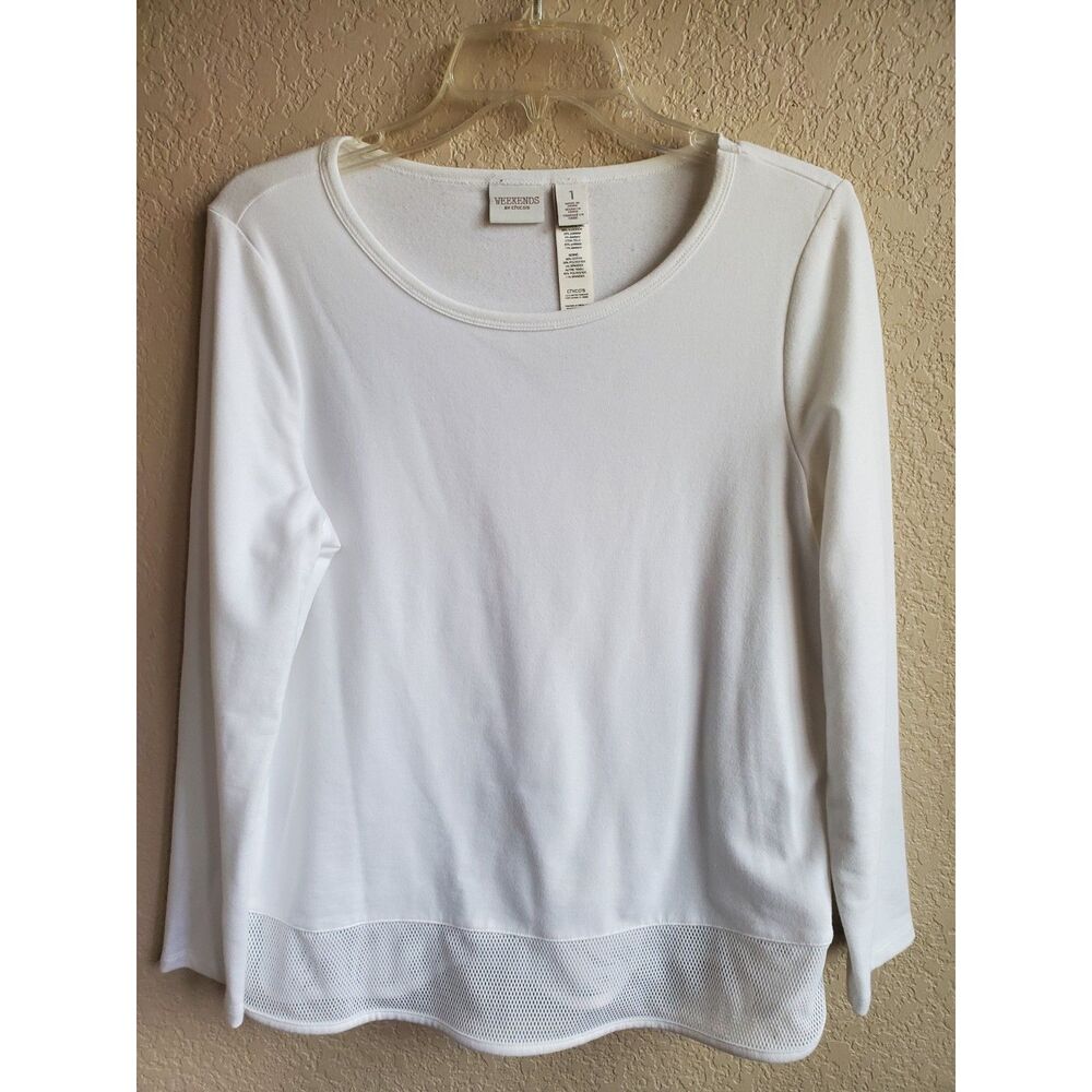 Chico’s WEEKENDS 1 White Long Sleeve Top Soft Knit Mesh Hem Casual Everyday Sz 8